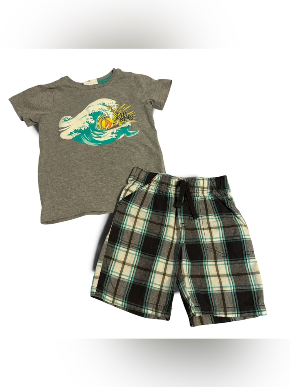 jumping beans Gray Surf Graphic Tee with Plaid Shorts in Teal and Cream